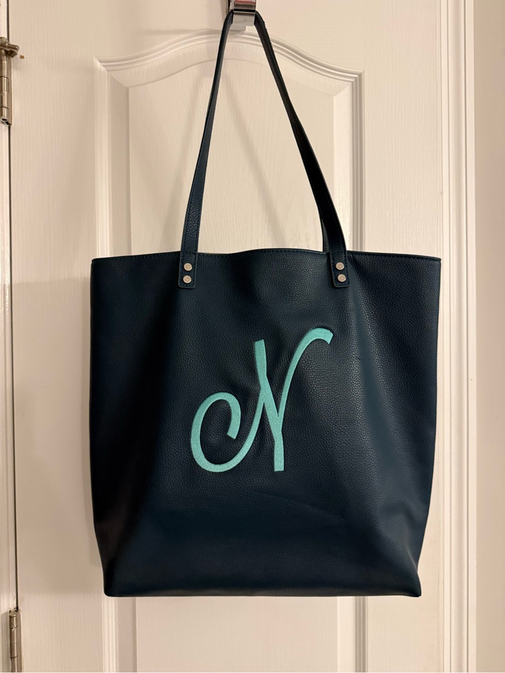 thirty-one Navy Tote with Mint Monogram
